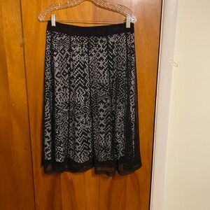 Lapis Black and White Patterned Skater Skirt with Lace Overlay Elastic Waist